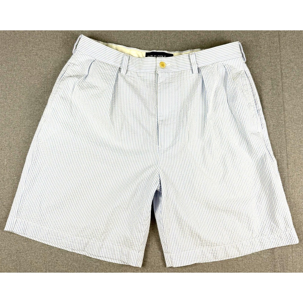 Polo Golf Ralph Lauren Mens 34 Seersucker Shorts Blue White Cotton Vintage